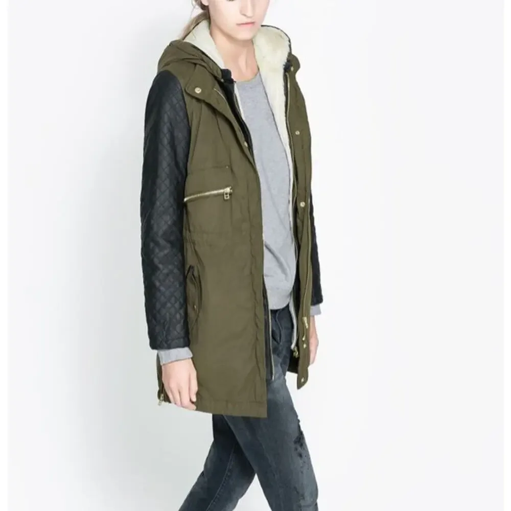 ZARA Jacket Faux Fur Lined Jacket Leather Sleeve Full Zip Hooded Green Black XS